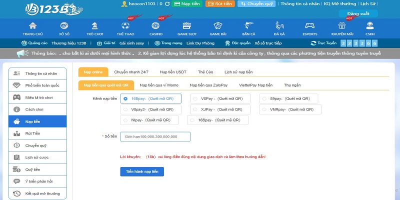 Hướng dẫn nạp tiền 123b chi tiết từng phương thức